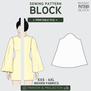 Könnte beinhalten: Ein digitales Schnittmuster für ein Kleid mit langen Glockenärmeln. Die Grafik zeigt eine gelbe Kleid-Illustration, ein weißes Ärmelschnittteil sowie den Text SEWING PATTERN BLOCK, PRINTABLE FILE und XXS - 6XL WOVEN FABRICS.