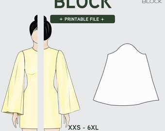 Puede incluir: Un patrón de costura digital para un vestido con mangas acampanadas, con el texto SEWING PATTERN BLOCK, PRINTABLE FILE y XXS - 6XL WOVEN FABRICS PRINTER & PROJECTOR. La ilustración muestra un vestido amarillo y un patrón de manga blanco.