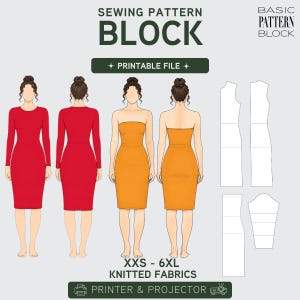 Könnte beinhalten: Ein digitales Schnittmuster für Strickstoffe mit Illustrationen eines roten Langarmkleides und eines orangefarbenen trägerlosen Kleides, jeweils in Vorder- und Rückansicht. Enthält technische Schnittteilzeichnungen und Text.