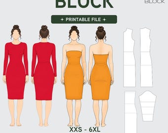 May include: A digital sewing pattern block for knitted fabrics, featuring illustrations of a red long-sleeve dress and an orange strapless dress, both shown from front and back views. Includes technical line drawings of pattern pieces and text.