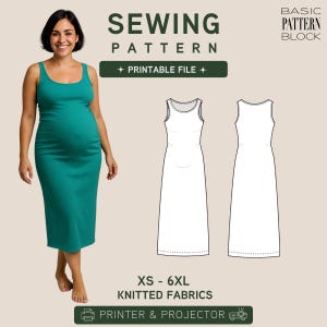 Op de afbeelding: Een naaipatroon voor een mouwloze midi-jurk voor gebreide stoffen, verkrijgbaar in de maten XS tot 6XL. De afbeelding toont een groenblauwe hemdjurk, een technische lijntekening van de voor- en achterkant en de tekst BASIC PATTERN BLOCK.