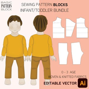 Bloc de patrons de couture pour corsage et pantalon pour bébé (téléchargement PDF) • Nouveau-né à 3 ans