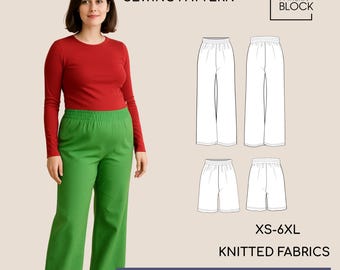 Patrón de costura para pantalones de maternidad de pierna ancha: Tejido de punto (descarga en PDF), tallas XS-6XL