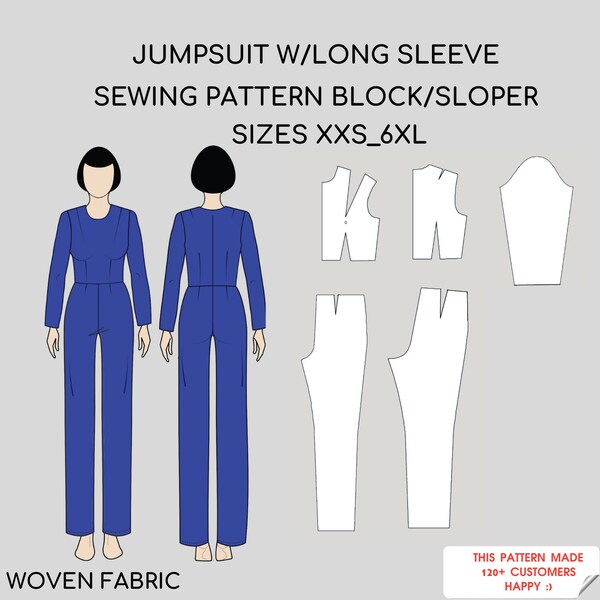 Jumpsuit pdf sewing pattern block w/ long sleeves, Printable Pdf Sewing Pattern | Overall Sewing Pattern | Sizes XS-6XL