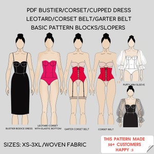 5 Pdf Corset Bodice Sewing Patterns Blocks | Bustier | Bodysuit/Leotard | Cupped dress | Bridal Corset | Corset Belt Set | Sizes XS-3XL