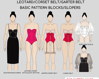 5 Pdf Corset Bodice Sewing Patterns Blocks | Bustier | Bodysuit/Leotard | Cupped dress | Bridal Corset | Corset Belt Set | Sizes XS-3XL