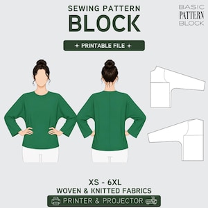 Può includere: Un cartamodello digitale per un top a maniche lunghe, con il testo SEWING PATTERN BLOCK, PRINTABLE FILE, BASIC PATTERN BLOCK e XS - 6XL WOVEN & KNITTED FABRICS. Il grafico mostra le viste anteriore e posteriore di un top verde.