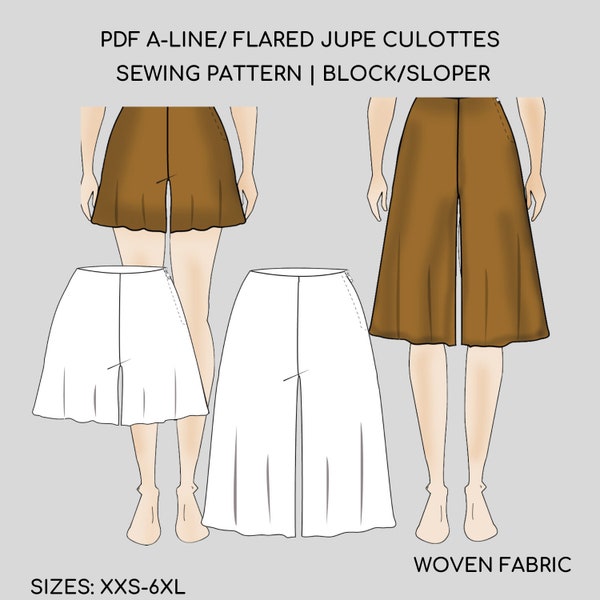 PDF Modèle de couture de jupe-culotte trapèze Block/Sloper | PDF Modèle de jupe-culotte évasée | Modèle de jupe-culotte large | Jupe-culotte taille haute