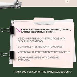 May include: A light pink file folder held by two black binder clips against a dark green background. Text reads: MADE BY A REAL SEWIST NOT AI, EVERY PATTERN IS HAND-DRAFTED, TESTED, AND REFINED UNTIL IT&rsquo;S RIGHT, BEGINNER-FRIENDLY INSTRUCTIONS, AND BASIC PATTERN BLOCK.