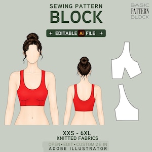 Könnte beinhalten: Ein digitales Schnittmuster für ein rotes bauchfreies Oberteil mit Vorder- und Rückansicht einer Figur sowie zwei weißen Schnittteilen. Der Text umfasst SEWING PATTERN BLOCK, EDITABLE Ai FILE und XXS - 6XL KNITTED FABRICS.