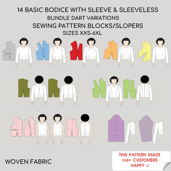 14 Basic Bodice Block Sewing Pattern Pack, Princess Seam Bodice Block PDF, Bodice block/torso w/sleeve patters, Sewing Pattern Bundle