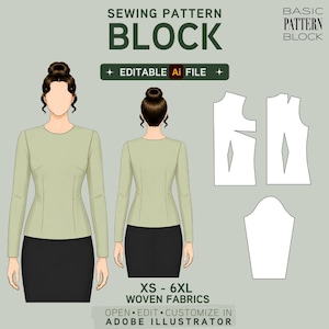 EDITABLE PDF | Women's Basic Bodice Sewing Pattern Block | Long Sleeve | Woven Fabric | XS-6XL