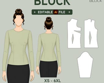 EDITABLE PDF | Women's Basic Bodice Sewing Pattern Block | Long Sleeve | Woven Fabric | XS-6XL