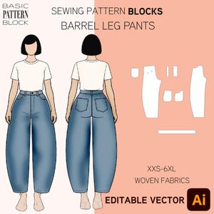 Barrel Leg Pants | High Waist Pants | Baggy Trousers with Pockets (PDF Download) • Sizes XXS-6XL