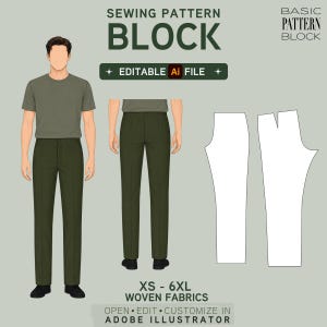 Op de afbeelding: Een grafiek van een naaipatroonblok met de tekst "BLOCK" en "EDITABLE AI FILE". De afbeelding toont een persoon die een groen t-shirt en een groene broek draagt. Het patroon is voor geweven stoffen, maten XS tot 6XL.