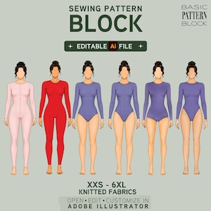 Op de afbeelding: Een digitale naaipatroonblokafbeelding met de tekst "SEWING PATTERN BLOCK" en "BASIC PATTERN BLOCK". De afbeelding toont zes gestileerde figuren in verschillende kleuren, waaronder roze, rood en paars. De tekst "XXS - 6XL KNITTED FABRICS" is ook aanwezig.