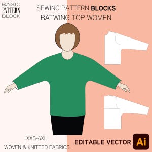 Bloc à patrons de couture haut chauve-souris • Chemisier femme • Tailles : XXS-6XL • Patron PDF