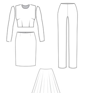 以下が含まれることがあります： 3つの衣料品の技術スケッチ: 長袖のクロップトップ、スカート、パンツ。スケッチは白黒で、白い背景に描かれています。