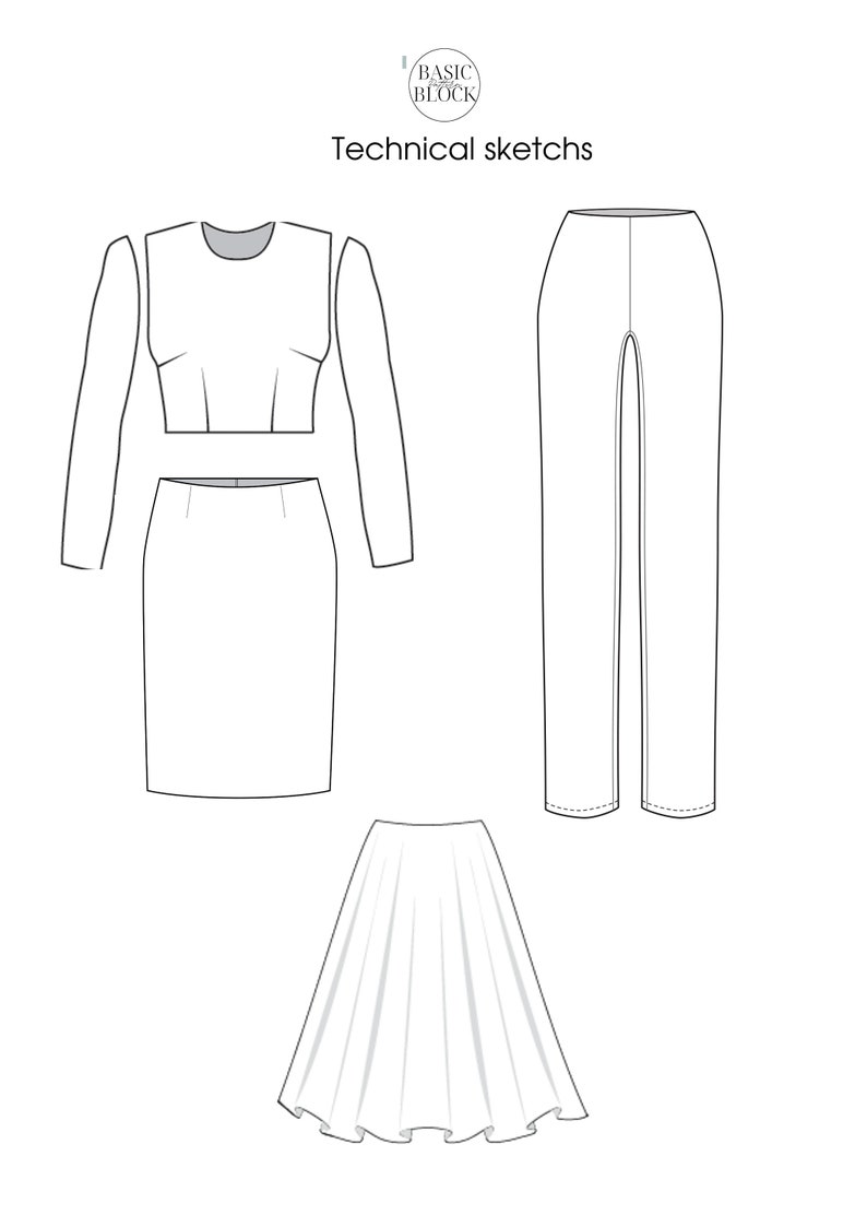 以下が含まれることがあります： 3つの衣料品の技術スケッチ: 長袖のクロップトップ、スカート、パンツ。スケッチは白黒で、白い背景に描かれています。