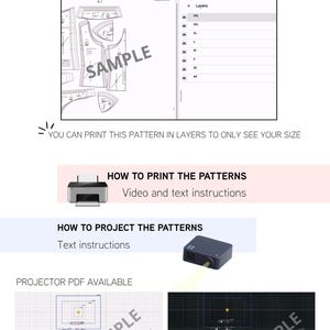 May include: A digital sewing pattern guide titled BASIC PATTERN BLOCK. It features a layered pattern interface, printer and projector icons, and instructions for printing or projecting patterns onto bright and dark fabrics for various sizes.