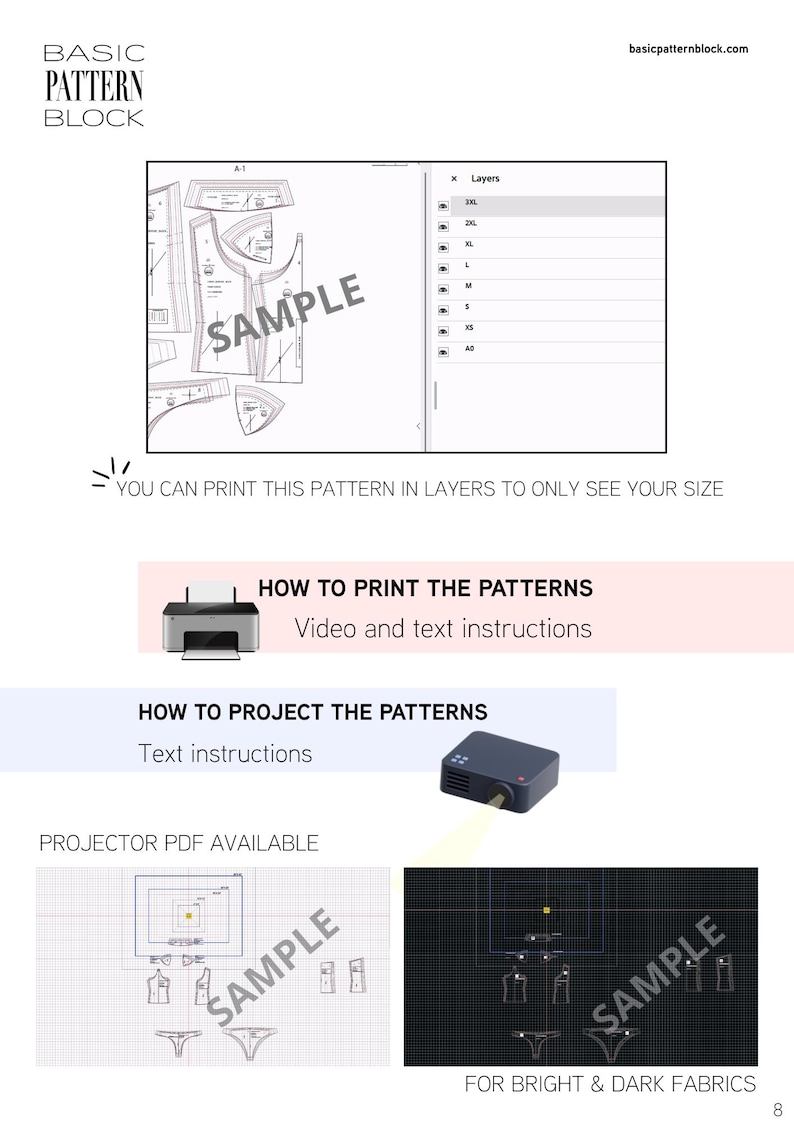 May include: A digital sewing pattern guide titled BASIC PATTERN BLOCK. It features a layered pattern interface, printer and projector icons, and instructions for printing or projecting patterns onto bright and dark fabrics for various sizes.