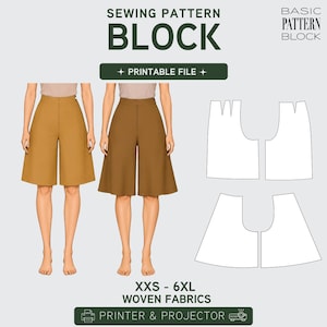 Peut inclure: Un patron de couture numérique pour culottes, avec le texte SEWING PATTERN BLOCK, PRINTABLE FILE, XXS - 6XL WOVEN FABRICS, et PRINTER & PROJECTOR. L'image montre deux exemples rendus de culottes dans des tons beige et marron.