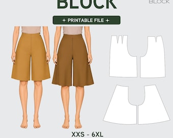 PDF | Jupe Culottes Sewing Pattern Block Bundle | Straight & Flared | High Waist | XS-6XL