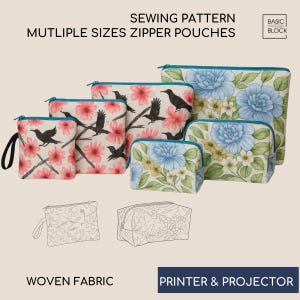 Könnte beinhalten: Eine Auswahl an Reißverschlusstaschen in verschiedenen Größen mit Blumen- und Vogelmustern. Die Taschen sind in Rosa-, Blau- und Grüntönen gehalten, mit schwarzen Vogelsilhouetten. Der Text auf dem Bild lautet "SEWING PATTERN MULTIPLE SIZES ZIPPER POUCHES".