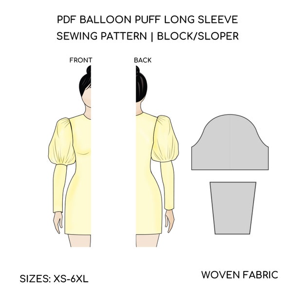 PDF Balloon Puffy Long | Sewing Pattern Block | Easy Puff Sleeve Sewing Pattern | Long Sleeve Pattern | Top Puff Sleeve Sewing | XXS-6XL