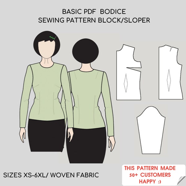 Pdf Basic Women's Bodice Block, Basic Bodice Pattern, Pdf Sewing Pattern Sloper, Sizes (Regular & Plus)