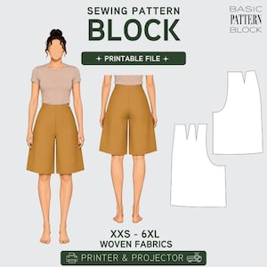 May include: A digital sewing pattern block for culottes, featuring front and back views on a figure, alongside white technical pattern pieces. Text includes SEWING PATTERN BLOCK, PRINTABLE FILE, XXS - 6XL WOVEN FABRICS, and PRINTER & PROJECTOR.