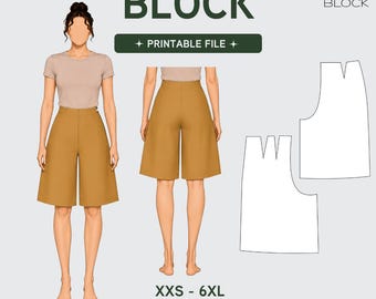 PDF | Jupe Culottes Sewing Pattern Block | High Waist Palazzo Pants | Wide Leg | XS-6XL