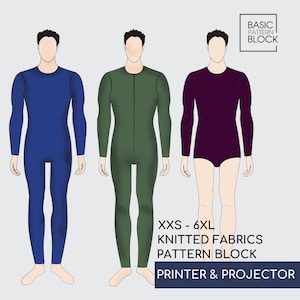 Op de afbeelding: Drie full-body kledingontwerpen in blauw, groen en paars. Het groene ontwerp heeft een rits. Tekst luidt "XXS - 6XL KNITTED FABRICS PATTERN BLOCK PRINTER & PROJECTOR" en "BASIC PATTERN BLOCK".