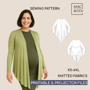Może przedstawiać: Kobieta w jasnozielonym kardiganie i ciemnozielonej sukience. Obraz zawiera schemat wykroju i tekst: "Sewing Pattern", "Basic Pattern Block", "XS-6XL", "Knitted Fabrics" i "Printable & Projector Files".