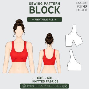 Può includere: Un cartamodello digitale per un top corto rosso, con viste frontali e posteriori su una figura, insieme a pezzi di cartamodello bianchi. Il testo include SEWING PATTERN BLOCK, PRINTABLE FILE, XXS - 6XL KNITTED FABRICS e PRINTER & PROJECTOR.