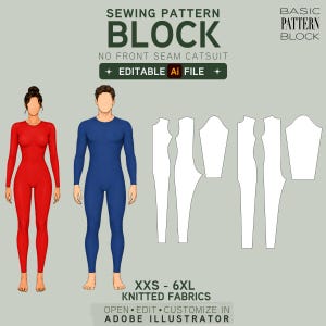 Puede incluir: Un patrón de costura digital para un catsuit sin costura frontal, con un archivo Ai editable. La imagen muestra un catsuit rojo, uno azul y plantillas blancas para tallas de la XXS a la 6XL, diseñadas específicamente para tejidos de punto.