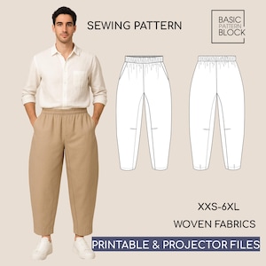 Puede incluir: Un hombre con pantalones color beige y una camisa blanca. La imagen incluye una ilustración de patrón de costura del mismo estilo de pantalón. El texto en la imagen dice "Sewing Pattern", "Basic Pattern Block", "XXS-6XL", "Woven Fabrics" y "Printable & Projector Files".