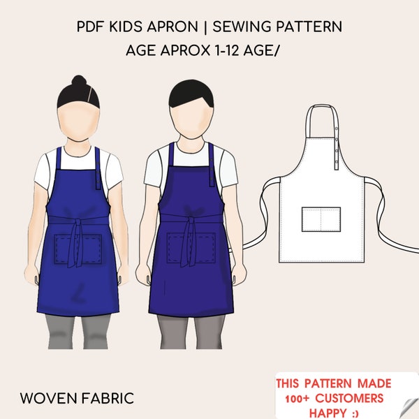 Kid's Pdf Apron Sewing Pattern | for Girls & Boys | Age: 1-3, 4-5, 6-8, 9-12