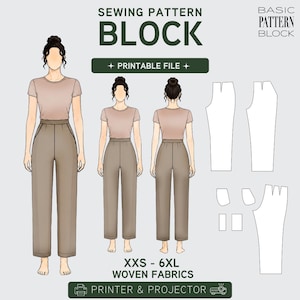 Puede incluir: Gráfico de patrón de costura con el texto «SEWING PATTERN BLOCK» y «PRINTABLE FILE». La imagen muestra una vista frontal, lateral y trasera de una persona que lleva una camiseta de manga corta y pantalones de pernera ancha. El rango de tallas es XXS-6XL.