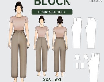 PDF | Women's High Waist Straight Trousers Pattern Block | With & Without Pockets | XXS-6XL