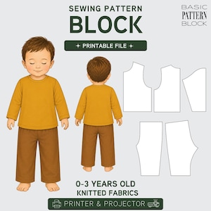 Può includere: Un modello di cucito digitale per un completo da bambino, con illustrazioni di un bambino con una maglia a maniche lunghe giallo senape e pantaloni marroni. Il modello include il testo "SEWING PATTERN BLOCK" e "0-3 YEARS OLD KNITTED FABRICS".
