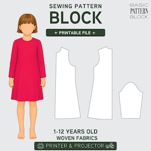 Puede incluir: Un patrón de costura digital para tejidos, con un vestido rojo sobre una ilustración infantil. El patrón incluye archivos imprimibles y está diseñado para niños de 1 a 12 años. El texto de la imagen dice "Sewing Pattern Block".
