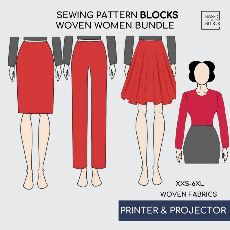 基本的な縫製パターンブロックバンドル • ボディス、スカート、パンツ、袖（PDFダウンロード） • サイズXXS-6XL、 画像 1