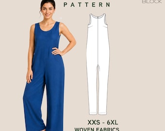 Patrón de costura para mono de tirantes • Mono de verano, pantalón holgado (descarga en PDF) • Tallas XXS-6XL