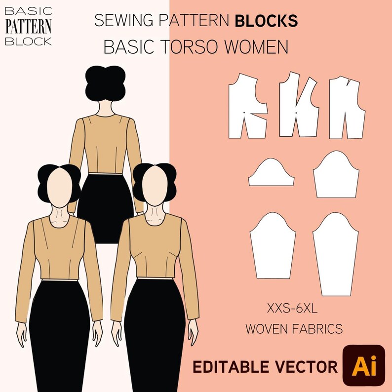 Torso Block Pattern Women's Basic Bodice Sewing Pattern Block | Editable Vector (XS-6XL) - Etsy