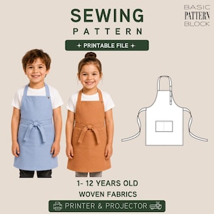 Op de afbeelding: Een naaipatroon voor een basis schort, inclusief een printbaar bestand voor geweven stoffen voor kinderen van 1 tot 12 jaar. Het ontwerp toont een lijntekening van een schort met een voorzak, naast twee voorbeelden van het schort.