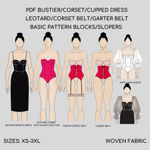 5 Pdf Corset Bodice Sewing Patterns Blocks | Bustier | Bodysuit/Leotard | Cupped dress | Bridal Corset | Corset Belt Set | Sizes XS-3XL