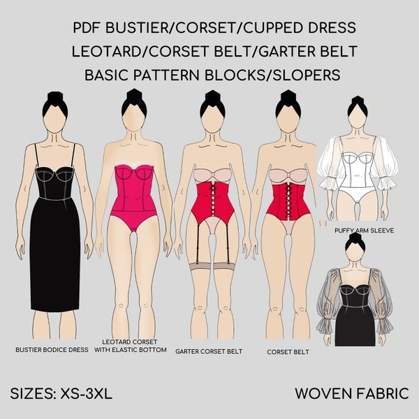 5 Pdf Patrones de costura de corpiño de corsé Bloques / Bustier / Body/Leotardo / Vestido con copas / Corsé nupcial / Conjunto de cinturón de corsé / Tallas XS-3XL