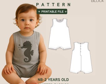 Baby Sleeveless Bodysuit Sewing Pattern | NB–2 Years | Knit Fabric | Printable & Projector PDF