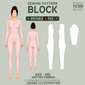 May include: A digital sewing pattern block for a long-sleeve bodysuit, featuring front and back views of a figure in a light pink garment, alongside white technical pattern pieces. Text includes SEWING PATTERN BLOCK, EDITABLE Ai FILE, and XXS-6XL.